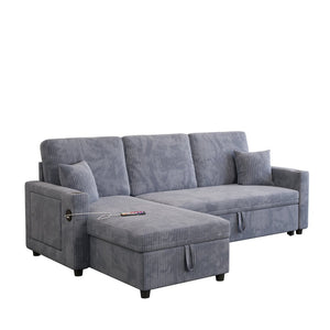 English Elm Sectional Sleeper Sofa Corduroy Cloud Couch with Storage Chaise and Usb Charging Ports Gray W1825S00075