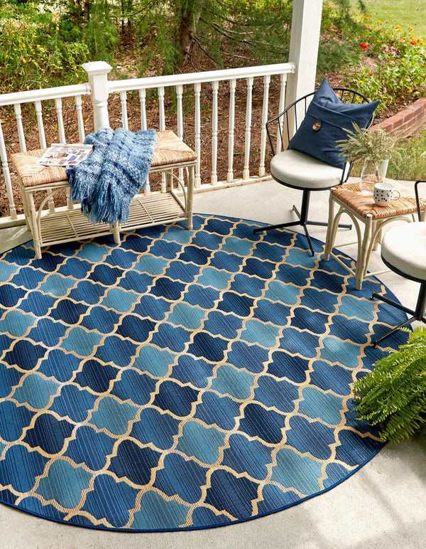 Unique Loom Outdoor Trellis Eden Trellis Machine Made Plaid Rug Blue, Beige/Navy Blue 8' 0" x 8' 0"