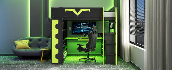 English Elm Full Size Gaming Loft Bed with Desk Rgb Lighting Power Outlet and Storage Drawer Green LT000285AAF
