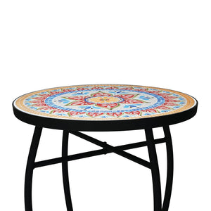 English Elm Outdoor Mosaic Ceramic Tile Round Side Table with Curved Wrought Iron Patio Accent Red+Black N773P365597R