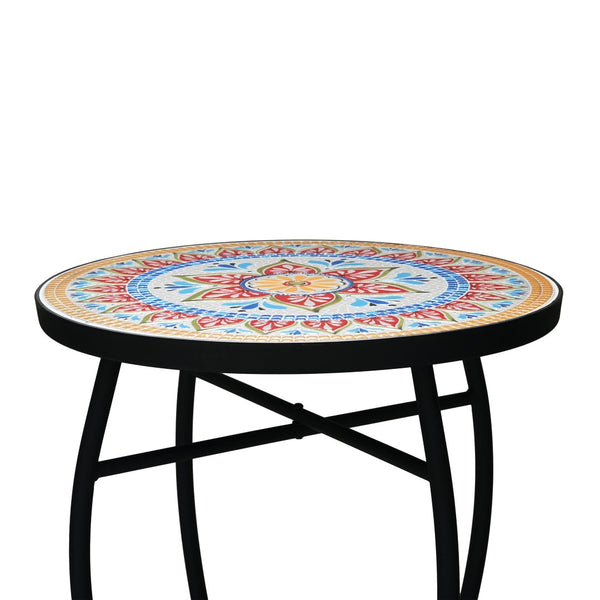 English Elm Outdoor Mosaic Ceramic Tile Round Side Table with Curved Wrought Iron Patio Accent Red+Black N773P365597R