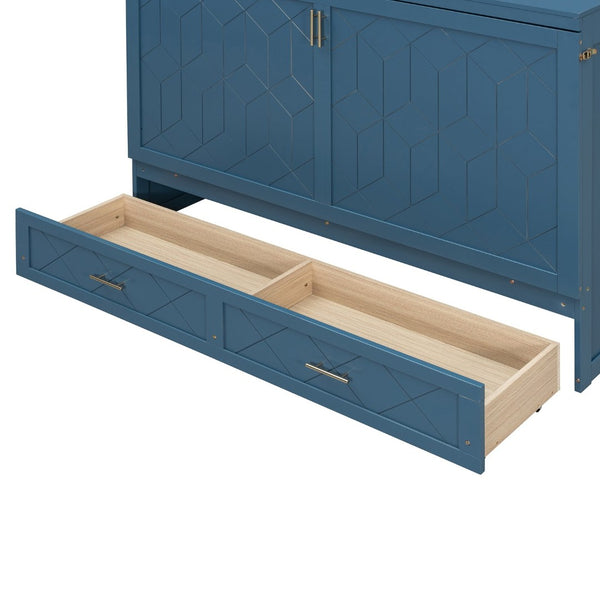 English Elm Queen Murphy Wall Bed Cabinet with Storage Drawer Built-in Power Outlets Usb Ports Navy Blue LP000400AAC-1
