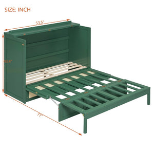 English Elm Full Size Murphy Wall Bed Cabinet with Rattan Panel Detailing and Storage Drawers Green N708P336203F