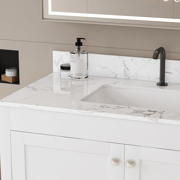 English Elm Modern 43" Bathroom Vanity With Carrara White Top - Stylish, Durable Storage & Soft-Close Features W509S00138