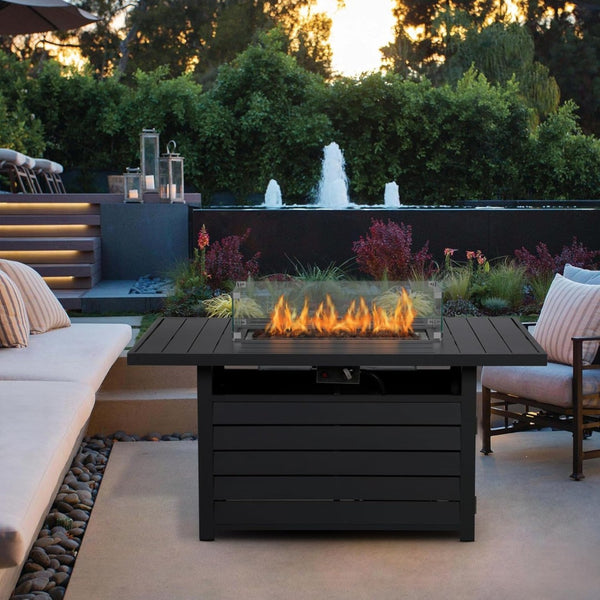 English Elm 54.3 Inch Aluminum Rectangular Propane Fire Table with Convertible Lid for Patio Black B082S00072