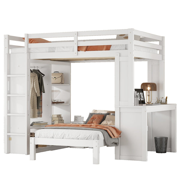 English Elm Full Solid Wood Loft Bed with Removable Lower Bed, Built-In Desk, Shelves & Wardrobe for Space-Saving Designs White W1580S00211