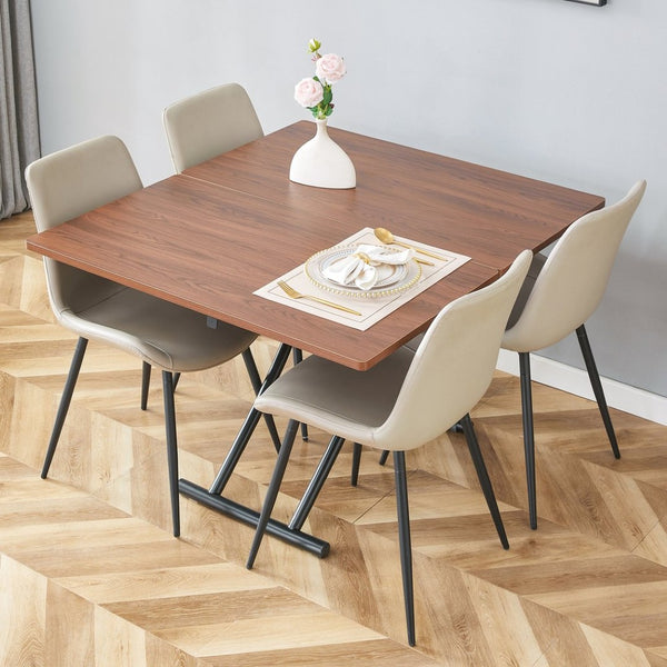 English Elm Table Set With Adjustable Height, Walnut Wood Finish & 4 Warm Gray Pu Chairs For Modern Living W1151S03997-GIGA