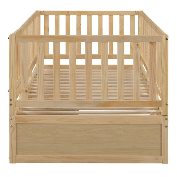 English Elm Twin Pinewood Daybed with Fence Guardrails Splits Into Two Floor Beds Storage Natural LP100881AAN