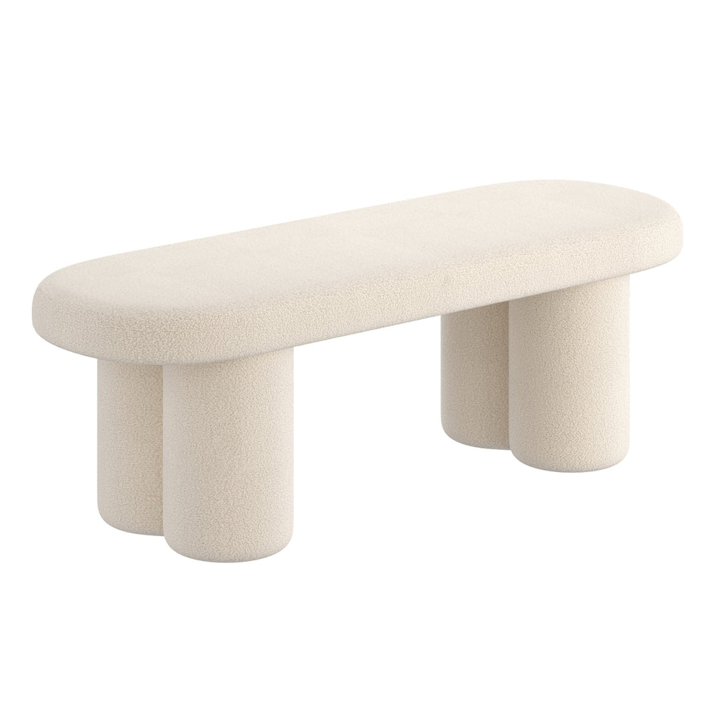 Worldwide Home Furnishings Azoro-bench-cream: Elegant Fully-upholstered Oval Bench With Sturdy Pedestal Legs For Modern Spaces Cream Boucle Fabric 401-163cm