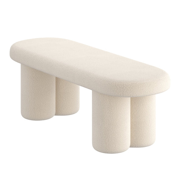 Worldwide Home Furnishings Azoro-bench-cream: Elegant Fully-upholstered Oval Bench With Sturdy Pedestal Legs For Modern Spaces Cream Boucle Fabric 401-163cm