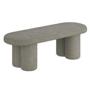 Worldwide Home Furnishings Azoro-bench-cream: Elegant Fully-upholstered Oval Bench With Sturdy Pedestal Legs For Modern Spaces Warm Grey Boucle Fabric 401-163wgy