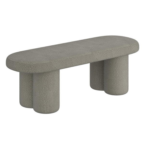 Worldwide Home Furnishings Azoro-bench-cream: Elegant Fully-upholstered Oval Bench With Sturdy Pedestal Legs For Modern Spaces Warm Grey Boucle Fabric 401-163wgy