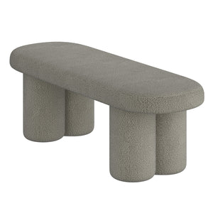 Worldwide Home Furnishings Azoro-bench-cream: Elegant Fully-upholstered Oval Bench With Sturdy Pedestal Legs For Modern Spaces Warm Grey Boucle Fabric 401-163wgy