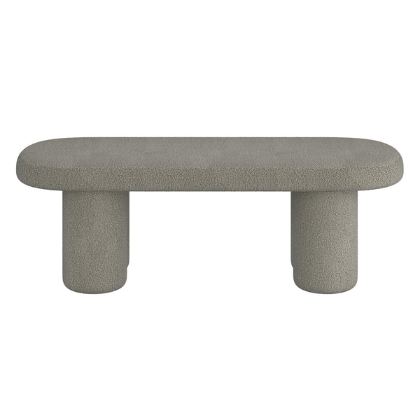 Worldwide Home Furnishings Azoro-bench-cream: Elegant Fully-upholstered Oval Bench With Sturdy Pedestal Legs For Modern Spaces Warm Grey Boucle Fabric 401-163wgy