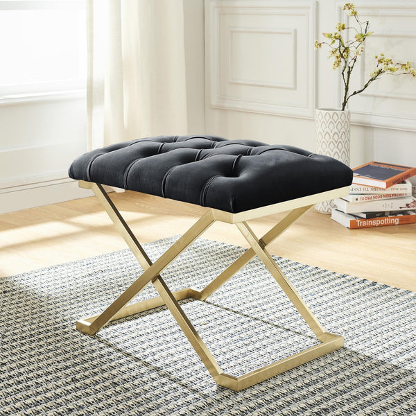 Worldwide Home Furnishings Rada-single Luxurious Accent Bench With Intricate Detailing For Glamorous Interiors And Spaces Black,Brushed Gold Velvet,Stainless Steel 401-404bk