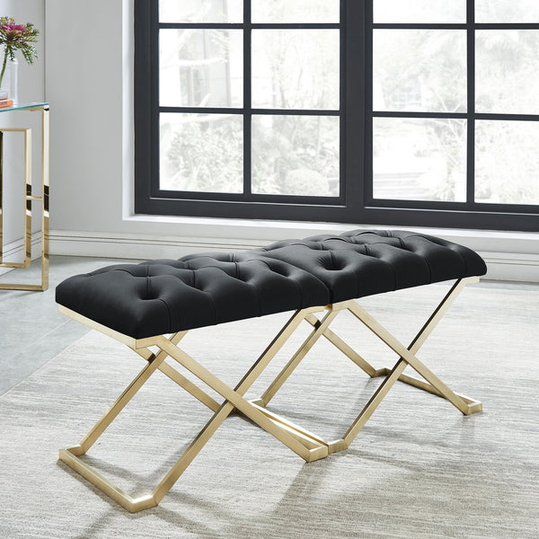 Worldwide Home Furnishings Rada-single Luxurious Accent Bench With Intricate Detailing For Glamorous Interiors And Spaces Black,Brushed Gold Velvet,Stainless Steel 401-404bk