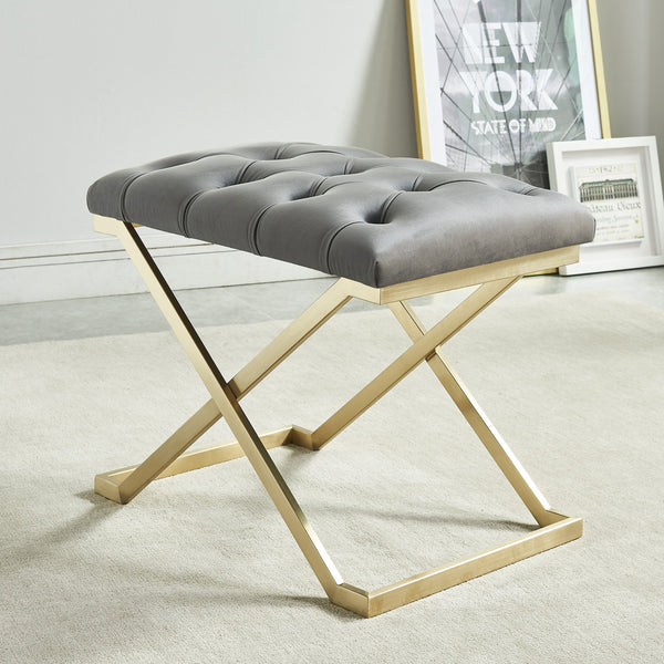 Worldwide Home Furnishings Rada-single Luxurious Accent Bench With Intricate Detailing For Glamorous Interiors And Spaces Grey,Brushed Gold Velvet,Stainless Steel 401-404gy