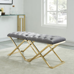 Worldwide Home Furnishings Rada-single Luxurious Accent Bench With Intricate Detailing For Glamorous Interiors And Spaces Grey,Brushed Gold Velvet,Stainless Steel 401-404gy