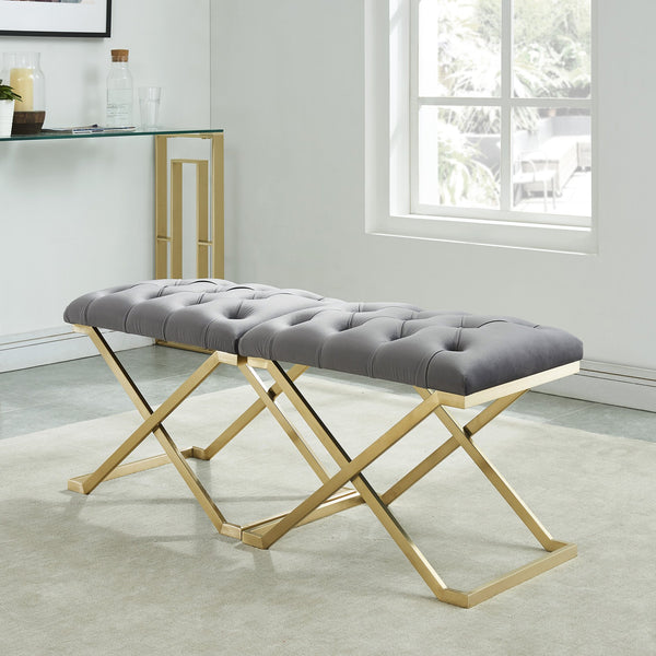 Worldwide Home Furnishings Rada-single Luxurious Accent Bench With Intricate Detailing For Glamorous Interiors And Spaces Grey,Brushed Gold Velvet,Stainless Steel 401-404gy