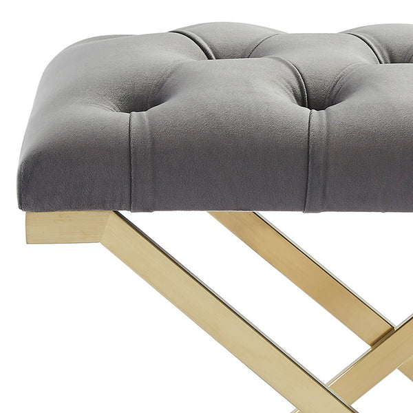 Worldwide Home Furnishings Rada-single Luxurious Accent Bench With Intricate Detailing For Glamorous Interiors And Spaces Grey,Brushed Gold Velvet,Stainless Steel 401-404gy
