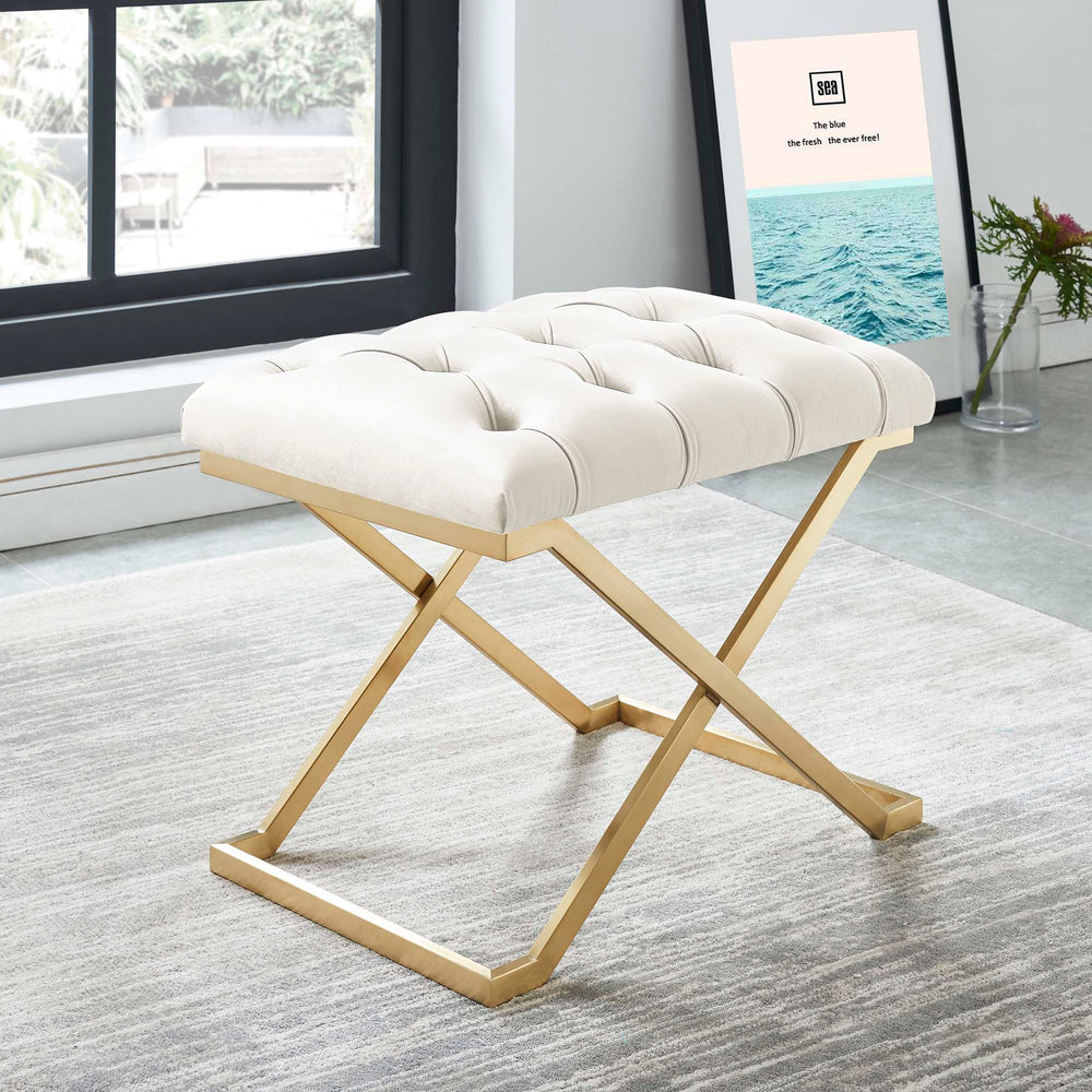 Worldwide Home Furnishings Rada-single Luxurious Accent Bench With Intricate Detailing For Glamorous Interiors And Spaces Ivory,Brushed Gold Velvet,Stainless Steel 401-404iv