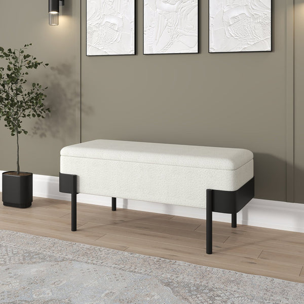 Worldwide Home Furnishings Odell-storage Bench In Ivory - Luxurious Boucle Fabric Ottoman With Hidden Storage & Modern Style Ivory,Black Boucle Fabric,Metal 401-550iv