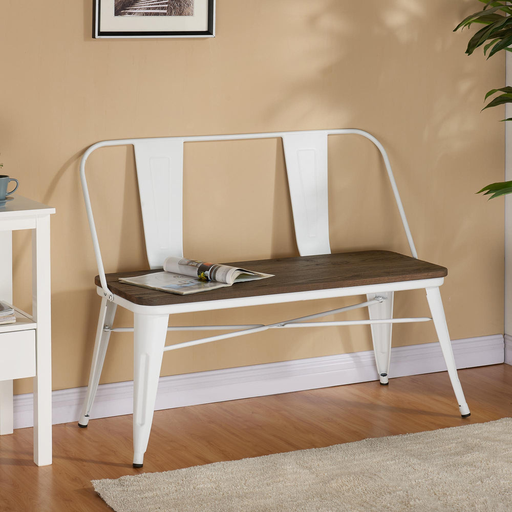 Worldwide Home Furnishings Modus-bench-white: Rustic Industrial Elm Wood Bench With Flared Legs For Modern Urban Home Décor White Metal,Solid Wood 401-939wt