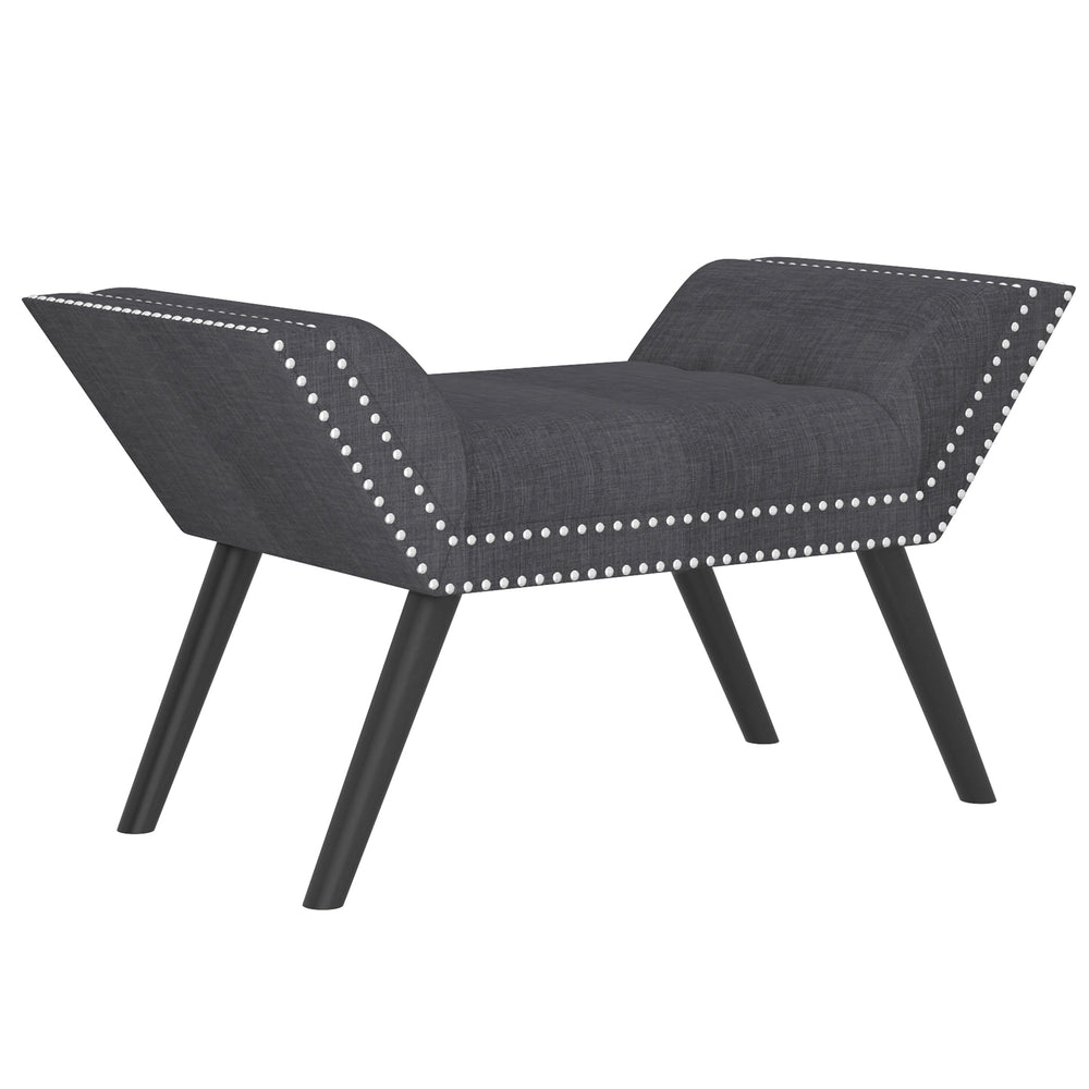 Worldwide Home Furnishings Lana-bench-grey: Retro-inspired Stylish Bench With Flared Legs, Nailhead Detailing & Comfort Design Grey,Black Fabric,Solid Wood 401-950gy