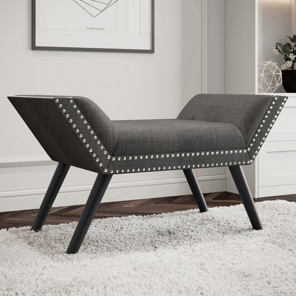 Worldwide Home Furnishings Lana-bench-grey: Retro-inspired Stylish Bench With Flared Legs, Nailhead Detailing & Comfort Design Grey,Black Fabric,Solid Wood 401-950gy