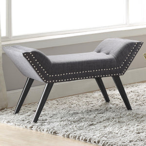 Worldwide Home Furnishings Lana-bench-grey: Retro-inspired Stylish Bench With Flared Legs, Nailhead Detailing & Comfort Design Grey,Black Fabric,Solid Wood 401-950gy