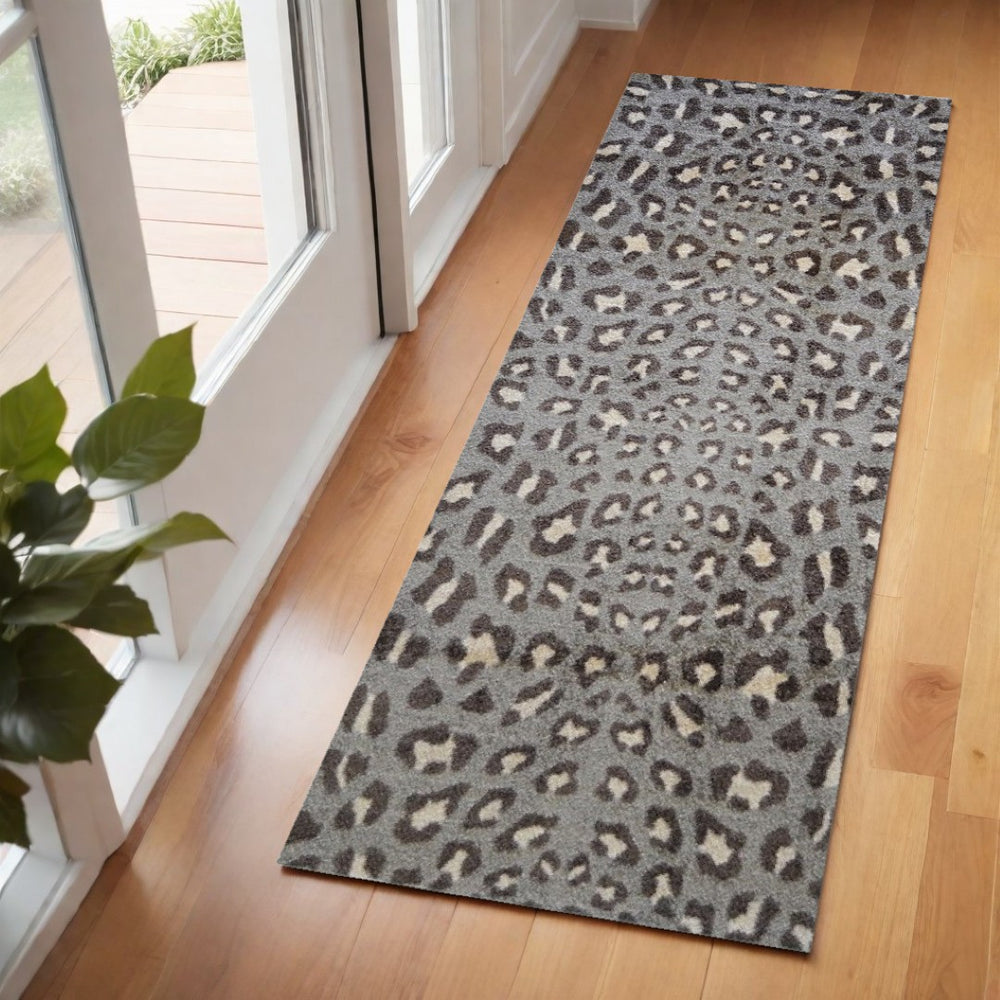 HomeRoots 2' X 6' Gray and Brown Cheetah Runner Rug - Stylish, Washable, Durable for High-Traffic Areas 401017