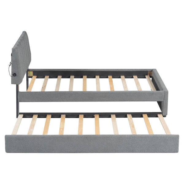 English Elm Teddy Twin Upholstered Platform Bed with Trundle, LED Smart Lighting, Plush Fleece, Sturdy Design Gray SF000055AAE