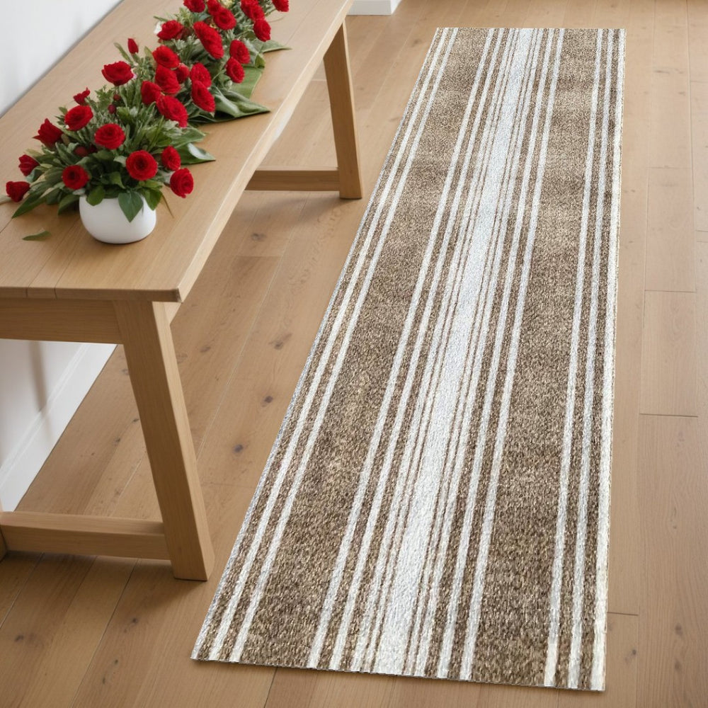 HomeRoots 2' X 6' Sandy Shores Washable Runner Rug - Coastal Striped Design, Durable, Easy-Care & Skid-Resistant 401050