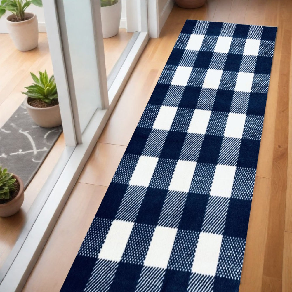 HomeRoots 2' X 6' Stylish Navy & White Buffalo Plaid Washable Runner Rug - Durable, Slip-Resistant, Easy Care 401064
