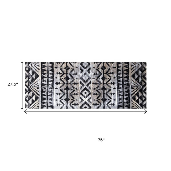 HomeRoots 2' X 6' Stylish Black and Gray Aztec Runner Rug - Washable, Durable, Skid-Resistant for High Traffic Areas 401067