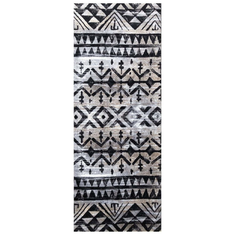 HomeRoots 2' X 6' Stylish Black and Gray Aztec Runner Rug - Washable, Durable, Skid-Resistant for High Traffic Areas 401067