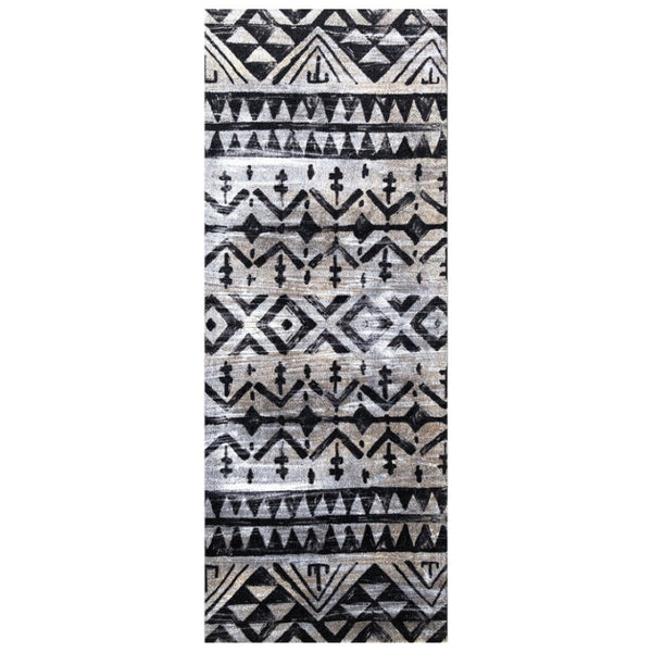 HomeRoots 2' X 6' Stylish Black and Gray Aztec Runner Rug - Washable, Durable, Skid-Resistant for High Traffic Areas 401067