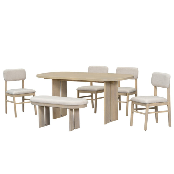 English Elm Topmax Rubberwood Six Piece Dining Set with Bench Linen Upholstered Modern Farmhouse SP000083AAD