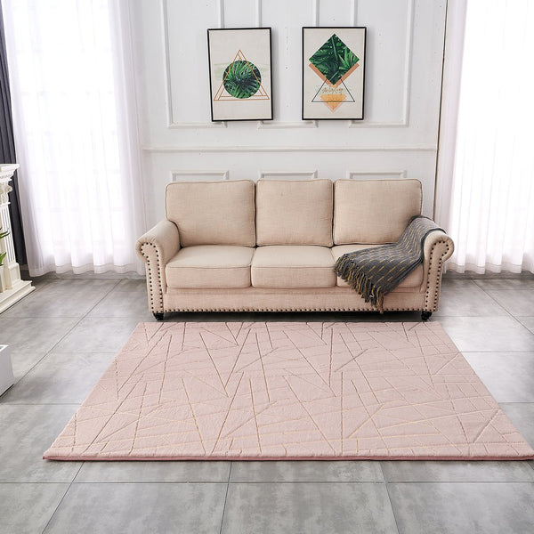 English Elm Luxury Dust Pink Geometric Faux Fur Area Rug With Gold Accents – Machine Washable & Plush Comfort B030P233699