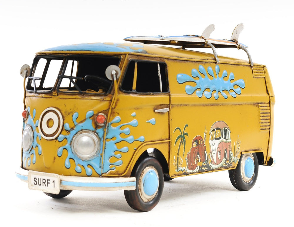 HomeRoots 8" Hand-Painted Blue and Yellow Vintage c1967 Volkswagen Deluxe Model Car for Stylish Decor 401109