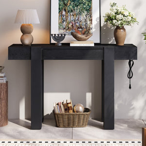 English Elm Trexm Ash Veneer Entryway Console Table Built in Power Outlet Drawer Rubberwood Black N715P361518B
