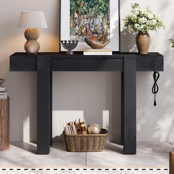 English Elm Trexm Ash Veneer Entryway Console Table Built in Power Outlet Drawer Rubberwood Black N715P361518B