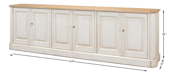 Sarreid Antique Whitewash Sideboard With Natural Old Pine Top - 6 Door Storage & 3 Removable Shelves White  40117
