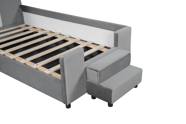 English Elm Twin Velvet Daybed Bear Headboard Hydraulic Storage Kids Bedroom Frame Gray SF000129AAE