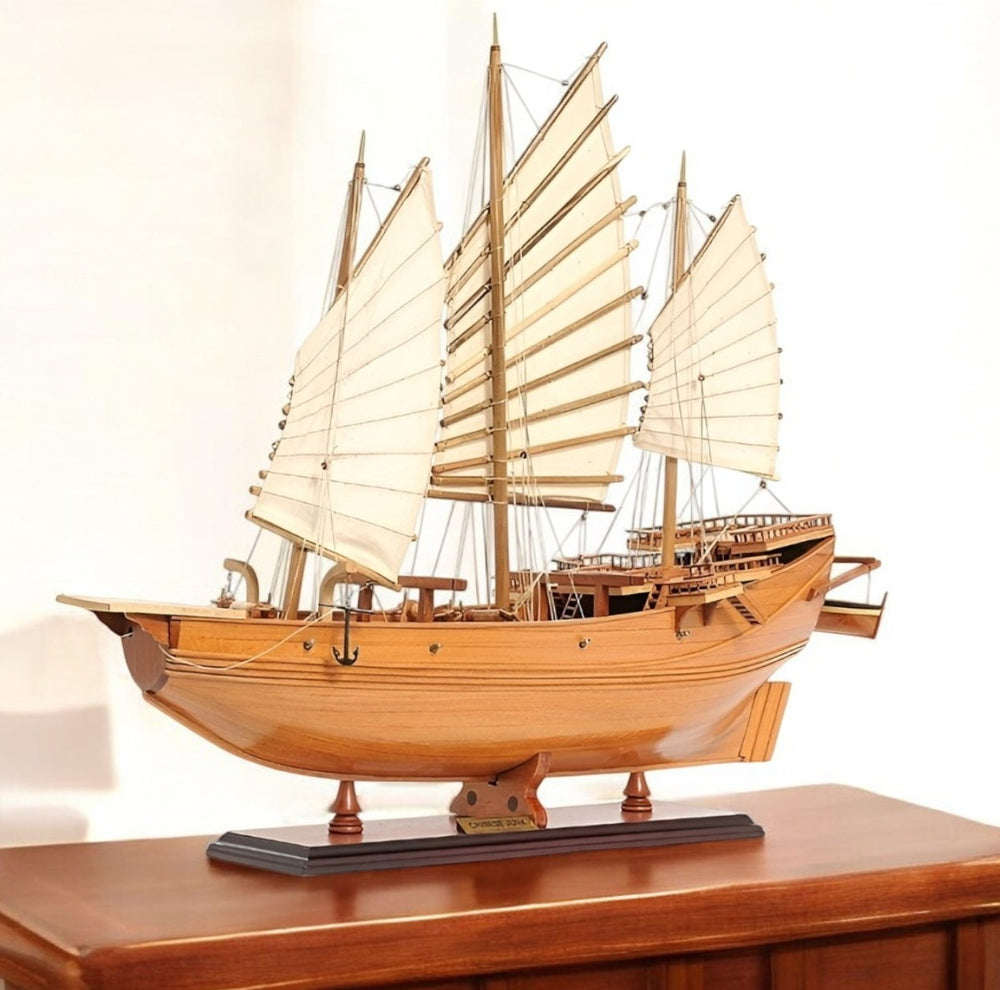 Homeroots 25" Wood Brown Solid Wood Hand Painted Model Boat Tabletop Sculpture  Solid Wood 401202