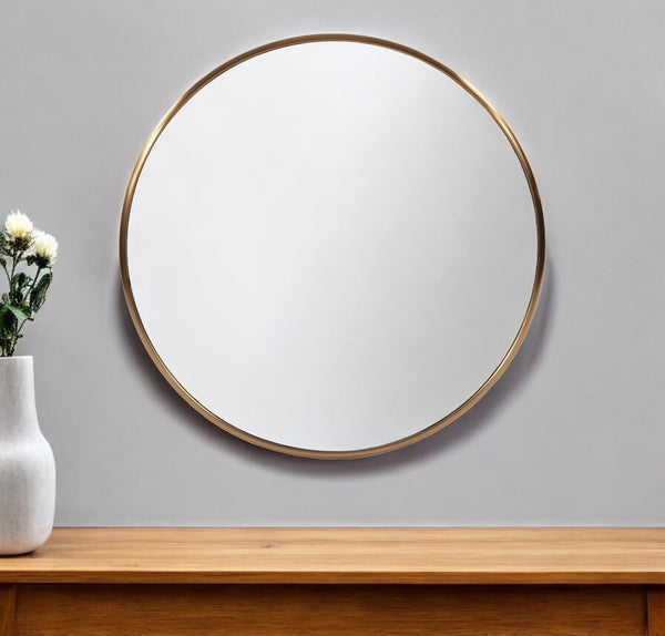 HomeRoots 32" Antiqued Brushed Brass Round Wall Mirror – Timeless Elegance for Any Room, Brighten Your Space! 401208