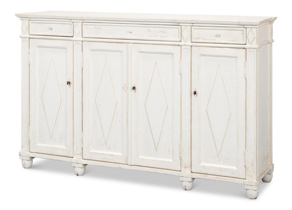 Sarreid Diamond Wall Sideboard With Whitewash Finish - Reclaimed Pine, 3 Shelves & 3 Drawers For Storage White  40121