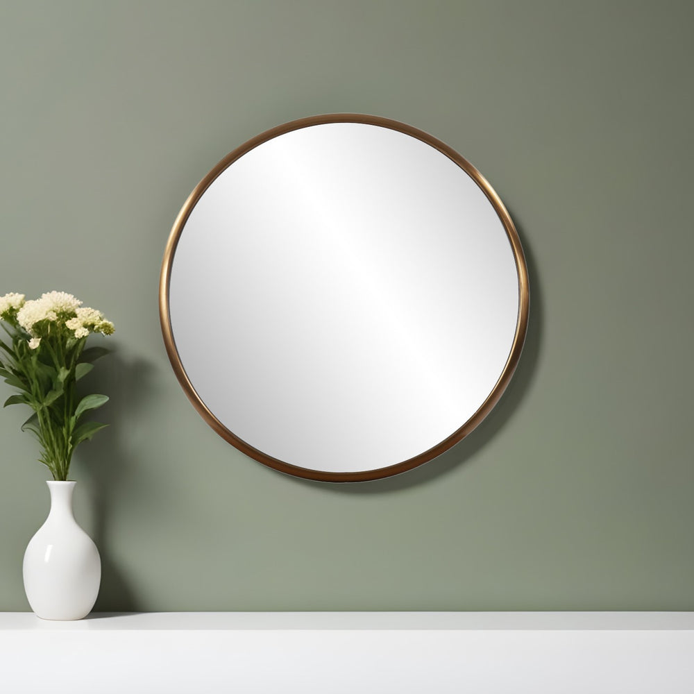 Homeroots 20" Antiqued Brass Round Metal Framed Accent Mirror  Stainless Steel 401210