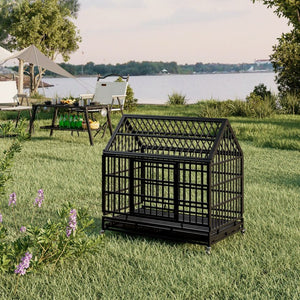 English Elm 48 Inch Pointed Roof Metal Dog Crate Folding Steel Kennel with Wheels and Slide Trays W347P431440