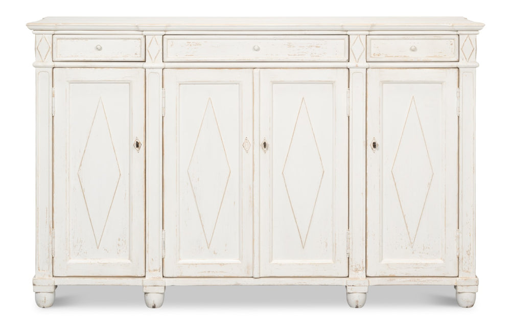 Sarreid Diamond Wall Sideboard With Whitewash Finish - Reclaimed Pine, 3 Shelves & 3 Drawers For Storage White  40121